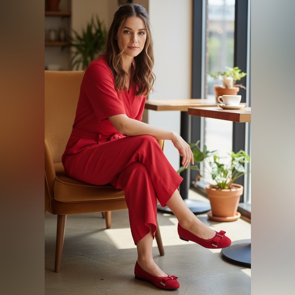Dana Buchman Red “Darcy”red suede slightly wedged heel slip ons. Cute bow on top